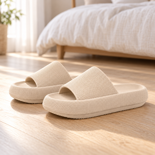 Hausschuhe Beige vor dem Bett